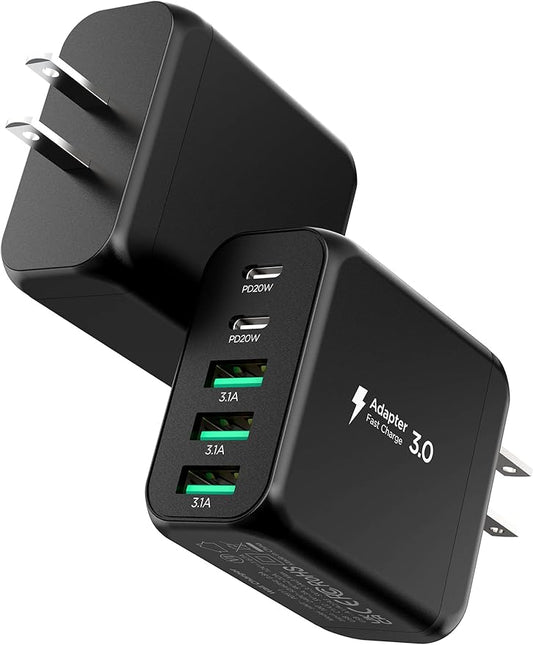 USB C Charger Block,EIZLXQ [2-Pack] Type C Charger Fast Charging,50W 5-Port Usb Wall Charger Multiport Type C Charging Block Cube for iPhone 17/16/15/14/13/12/11 Pro Max XS, iPad, Samsung & More-Black