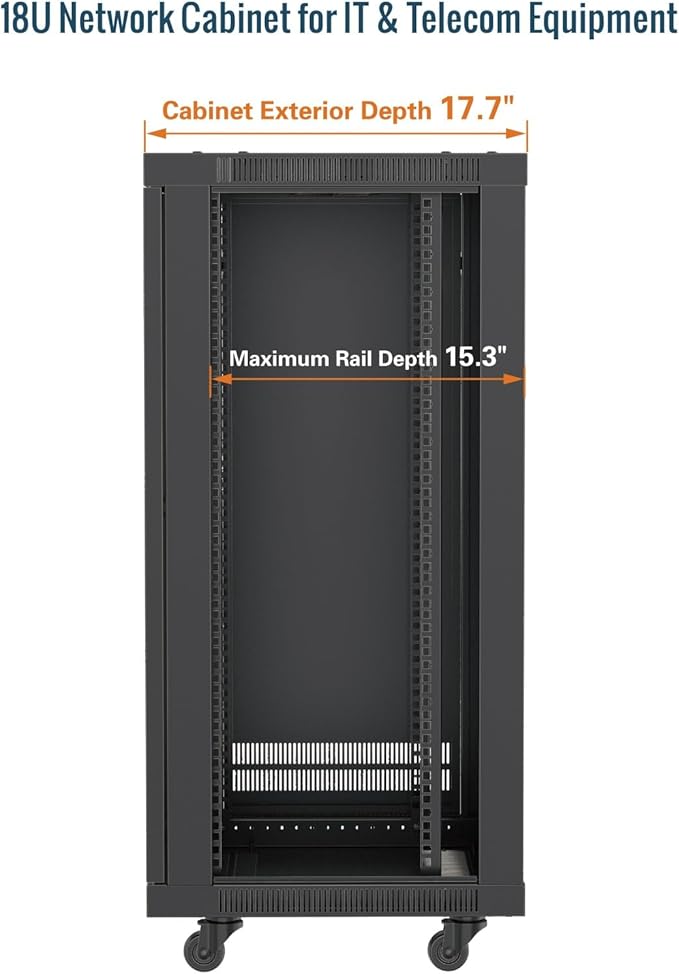 Tecmojo 18U Wall Mount Rack,18U Rack 17.7 Inch Depth,Hold Up to 176 Lbs,Movable Enclosed Rack Kit for 19 Inch Network,Server and AV Gear,Glass Door(Elite Collection)