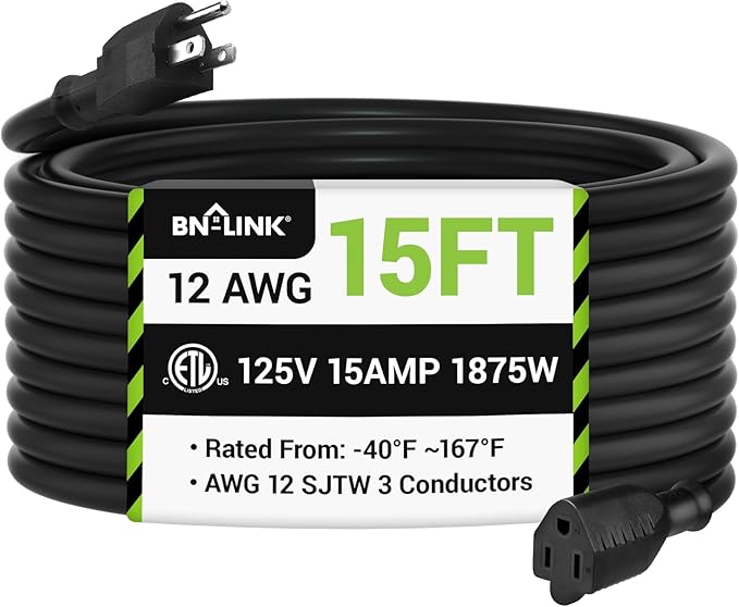 BN-LINK 15ft Outdoor Extension Cord, 15amps,12/3 SJTW Heavy Duty Power Cord, 3-Prong Grounded Plug, Weather Resistant, 1875W, Black, for Lawn, Garden, Appliances, ETL Listed