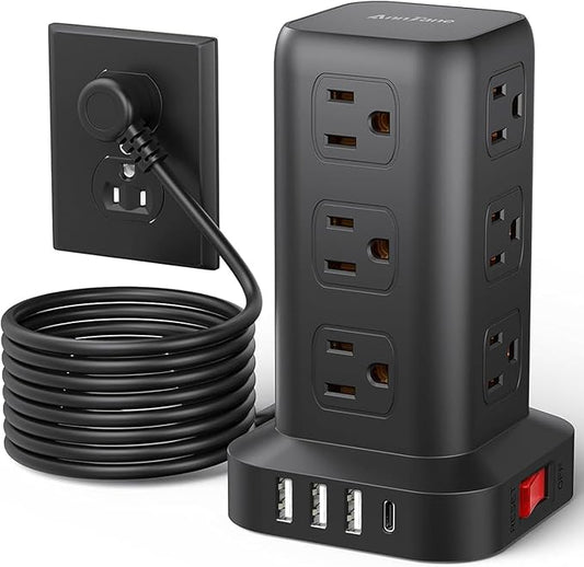 Surge Protector Power Strip 10 FT Cord, Power Strip Tower with 4 USB Ports (1USB C), Extension Cord with 12 AC Multiple Outlets, Home Office Supplies Desk Accessories, Dorm Room Essentials