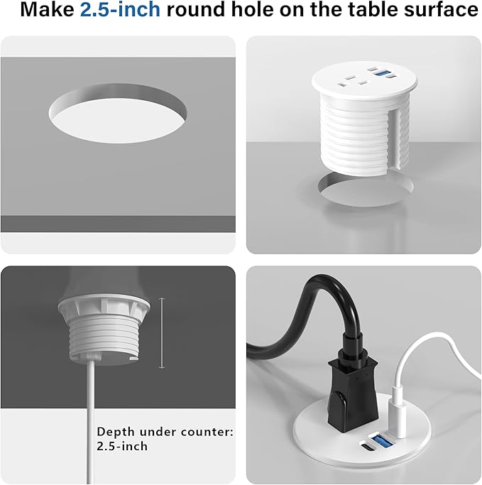 2.5 inch Power Grommet,20W USB-C Charging,1 Outlet with 2 USB C,1 USB Port,Furniture Flush Mount for Desktop,Recessed Power Strip,Workspace Essential Desk Outlet (White, 6 FT)