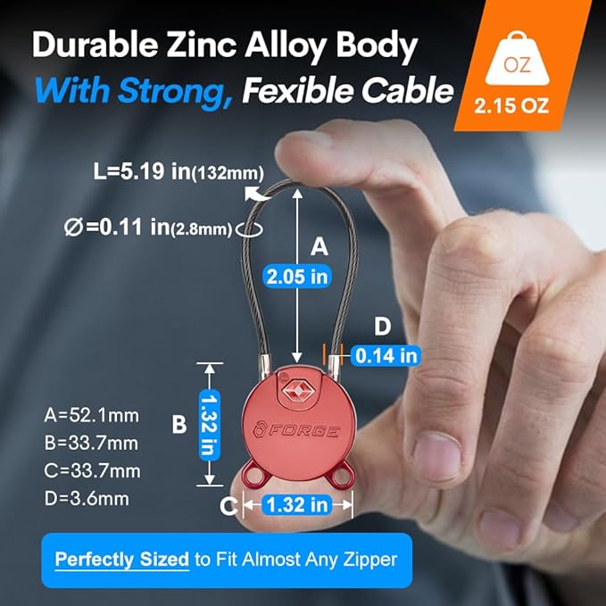 Forge TSA Approved Luggage Locks Ultra-Secure Dimple Key Cable Locks for Travel with Zinc Alloy Body- 2 Red Locks