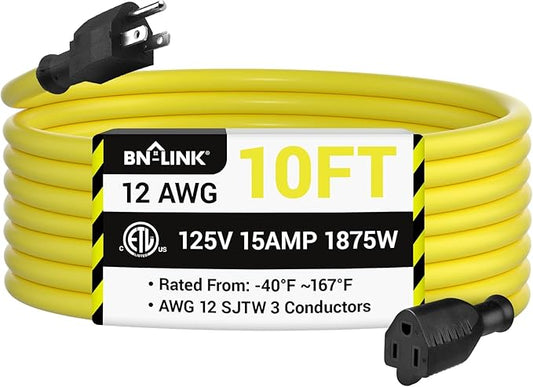 BN-LINK 10ft Outdoor Extension Cord, 12/3 SJTW Heavy Duty Power Cord, 3-Prong Grounded Plug, Weather Resistant, 15A, 1875W, Yellow, for Lawn, Garden, Appliances, ETL Listed