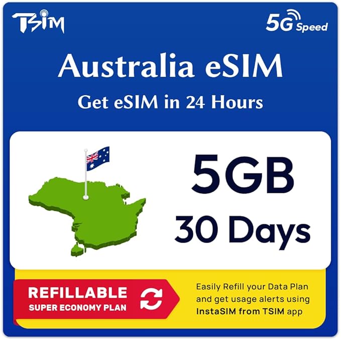 Australia eSIM | 5GB Super Economy Refillable Plan! QR Code Sent via Email in 24Hrs - Scan & Use Immediately | Auto Activating 30 Day Validity | Hotspot Allowed | Data-Only No Phone Number