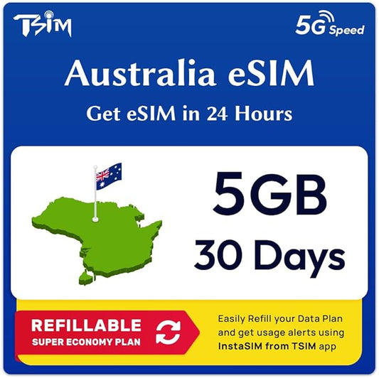 Australia eSIM | 5GB Super Economy Refillable Plan! QR Code Sent via Email in 24Hrs - Scan & Use Immediately | Auto Activating 30 Day Validity | Hotspot Allowed | Data-Only No Phone Number