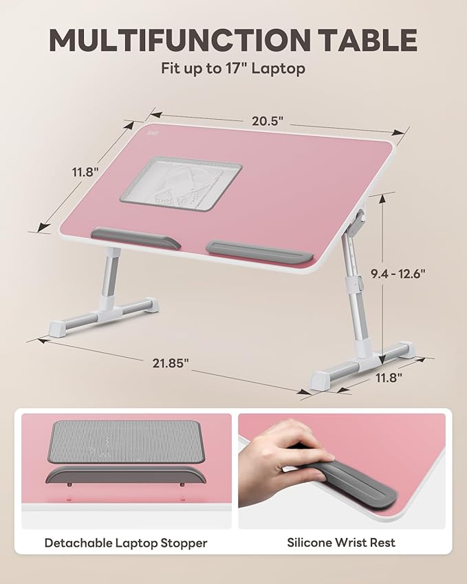 Laptop Desk for Bed with Cooling Fan, SAIJI Height & Angle Adjustable Laptop Stand for Bed, Lap Desk Tray Table, Lightweight Foldable Portable Computer Table