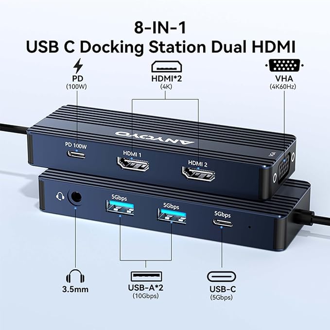 ANYOYO USB C Docking Station Dual HDMI Monitor Adapter 8-in-1 USB C HUB 3 Monitors Adapter with 4K HDMI +VGA +PD100W+Audio Laptop Docking Station for Dell/Lenovo/HP/Samsung/ASUS (Gary)