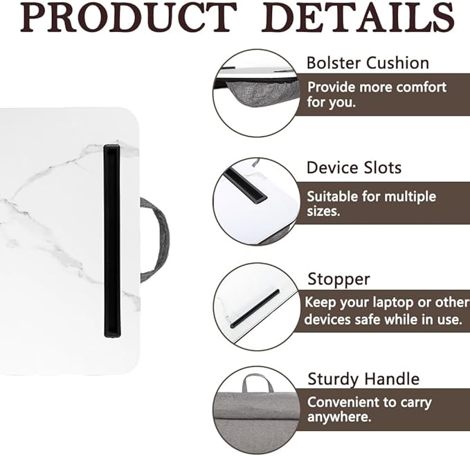 Portable Laptop Desk Fits Up to 16“ Laptops, with Tablet Slot, Built-in Cushion, Great for Home & Office,Lap Desk for Laptop,Lap Desk with Cushion (White Marble, Medium)