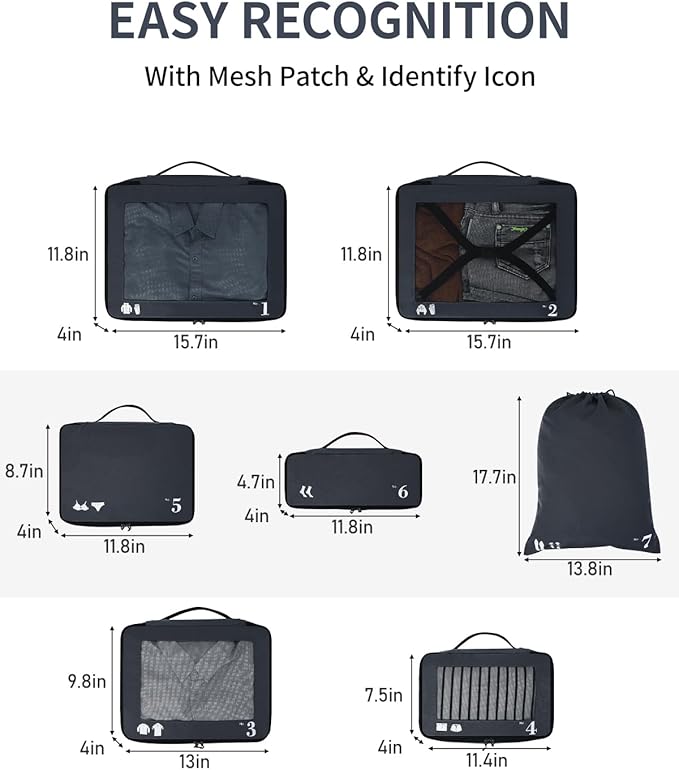 ECOHUB 7 Set Packing Cubes Tear-Resistant Luggage Packing Organizers with Number Icon for Travel Accessories Luggage Suitcase Machine Washable Packing Cubes (Dark blue)