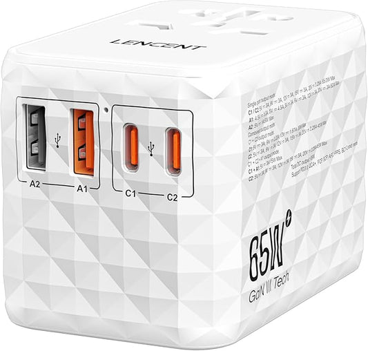 LENCENT 65W Universal Travel Adapter, GaN International Fast Charger 2 USB-A & 2 USB-C Power Plug Converter, Power Outlet Adapter for Phones,Laptops, All in One Travel Essentials for EU/USA/UK/AU