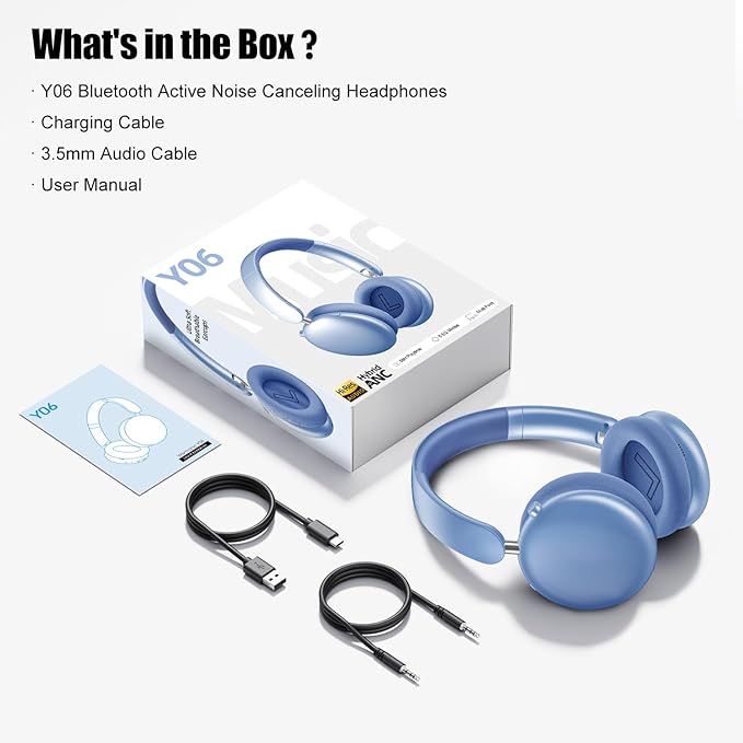 Wentronic Y06 Noise Cancelling Headphones,58H Playtime and 5 EQ Music Modes Wireless Over Ear Bluetooth Headphones with Microphone,Lossless Audio,Multipoint Connection,Foldable,Lightweight,Blue
