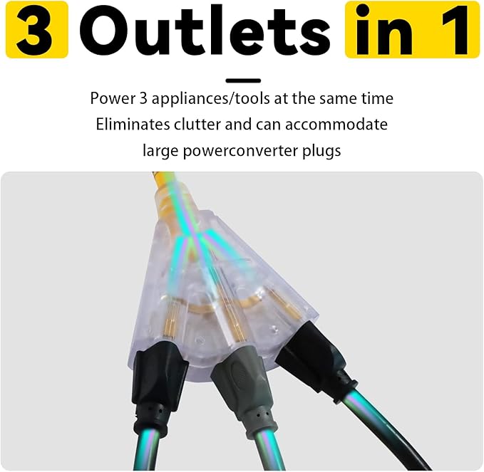 EP 3 Ft Lighted GFCI Extension Cord with 3 Electrical Power Outlets - 12/3 SJTW Heavy Duty Yellow Pigtail Extension Cable with 3 Prong Grounded Plug for Safety, UL Listed