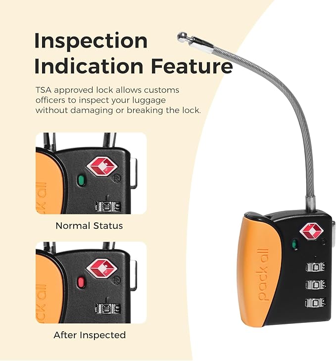 pack all TSA Approved Cable Luggage Locks, 3 Digit Combination Padlocks, Travel Lock for Suitcases & Bag, Alloy Body, Travel Accessories (4 Pack)（Orange）