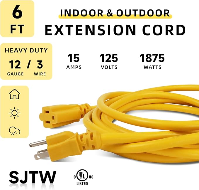 EP 6 Ft Outdoor Extension Cord, 12/3 SJTW Heavy Duty Extension Cable with 3 Prong Grounded Plug, 15 AMP Power Cord for Lawn, Garden, Appliances, Yellow