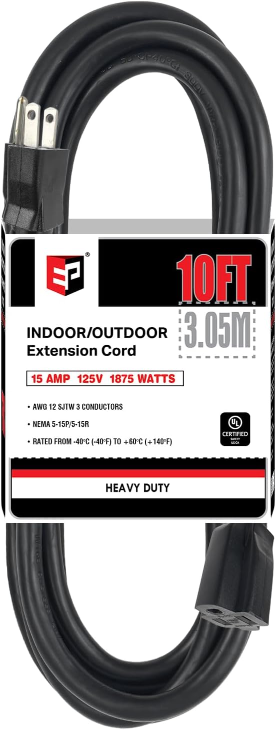 EP 10 Ft Outdoor Extension Cord - 12/3 SJTW Heavy Duty Black Extension Cable with 3 Prong Grounded Plug - Power Cord for Lawn, Garden, Appliances