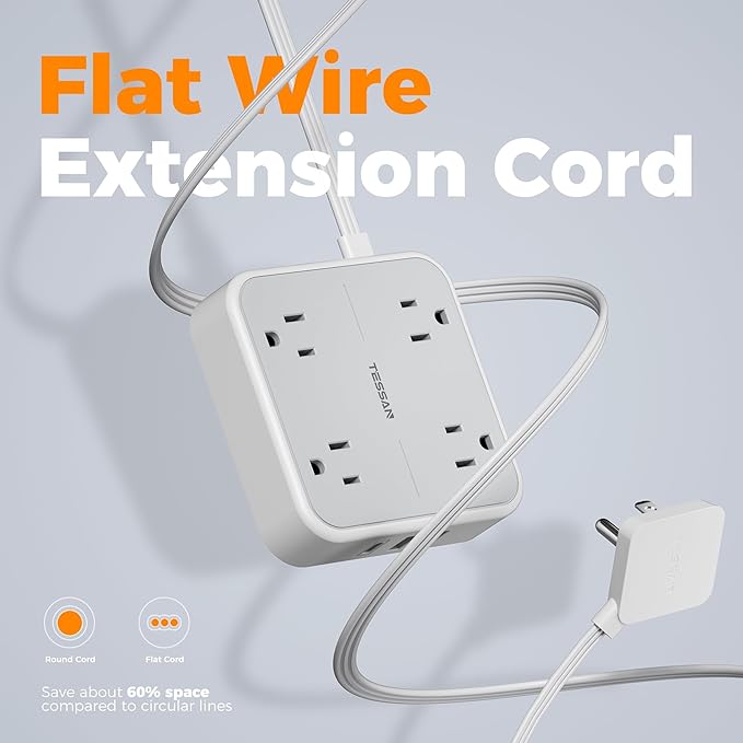 Extension Cord 10 ft, TESSAN Surge Protector Power Strip Long Cord with 3 USB(1 USB C) 4 Outlets, 900 Joules Protection, Small Desktop Multiple Charging Station for Home School Dorm Room Office, Grey