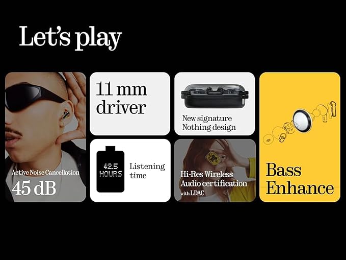 Nothing Ear (a) Wireless Earbuds, 45dB Hybrid Noise Cancelling Earbuds, Hi-Res Audio, Advanced Equaliser, Dual Connect, 6 Mics, 42.5H Playtime Ear Buds Wireless Bluetooth, Yolk