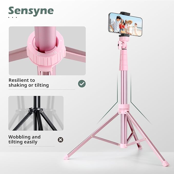 SENSYNE 72" Phone Tripod & Selfie Stick, Extendable Cell Phone Tripod Stand with Wireless Remote and Phone Holder, Compatible with iPhone Android Phone, Camera, Pink