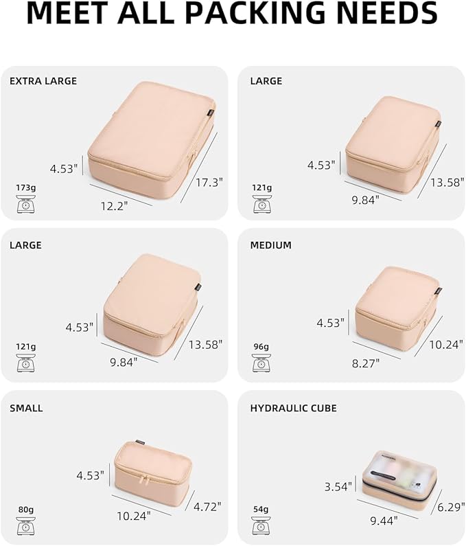 6 Set Compression Packing Cubes for Travel, Large Medium Small Luggage Organizers (Mist Khaki)