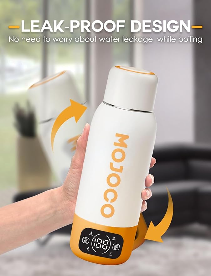 Mojoco Portable Electric Kettle - 20oz Leak Proof Travel Kettle for Coffee, Tea - Vacuum Insulated Stainless Steel Portable Water Boiler - Small Water Heater for RV, Camping