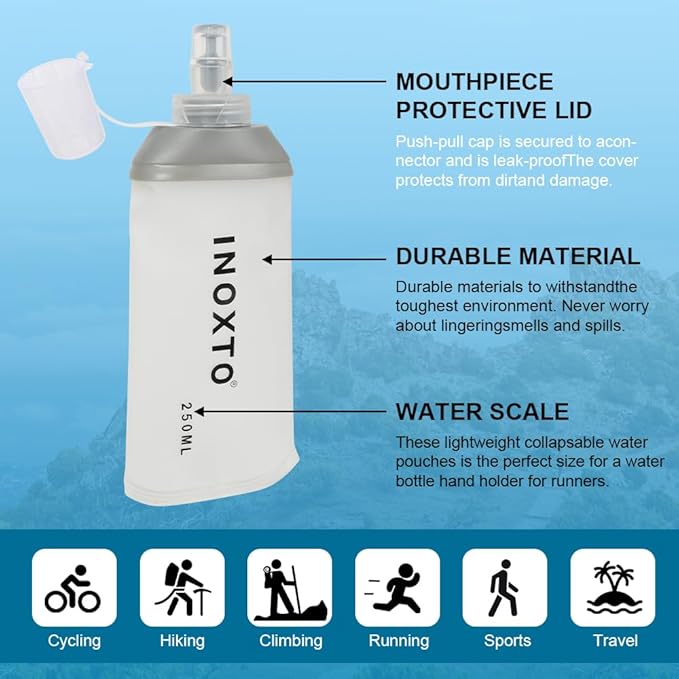 INOXTO Soft Flask,Collapsible Soft Water Bottles for Hydration Vests and Running Packs, Soft Flask Running Bottles for Hiking Cycling(250/500 ml) (2 PCS SMALL)