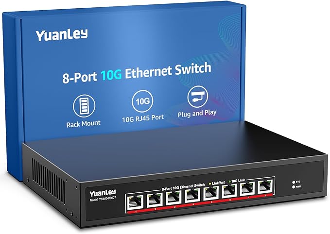 YuanLey 8-Port 10G Ethernet Switch, 8 x 10Gbps RJ45 Ports, Support 10G/5G/2.5G/1G/100Mbps Speed Auto-Negotiation, 160Gbps Switching Capacity, Unmanaged Switch Rackmountable, Plug and Play