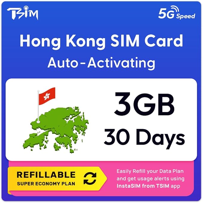 Hong Kong SIM Card | 3GB Super Economy Refillable Plan! Auto Activating 30 Day Validity | 5G Speed + Hotspot | Data-Only No Phone Number