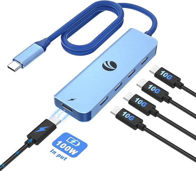 VCOM 10Gbps USB C Hub，5 Ports USB Splitter with 100W Power Delivery，Portable USB C Multiport Adapter Compatible with MacBook Pro/Air, Surface Pro, Dell, HP, Microsoft, Not Support Monitor (Blue)