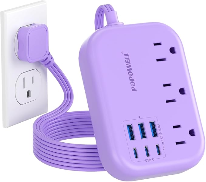 6 USB Power Strip- Purple Power Strip with 3 Outlets and 6 USB(3 USB C) 4.8A Charging Ports for iPhone 15, 5 FT Purple Extension Cord, Slim Flat Plug for Cruise Ship Essential, Office Dorm.