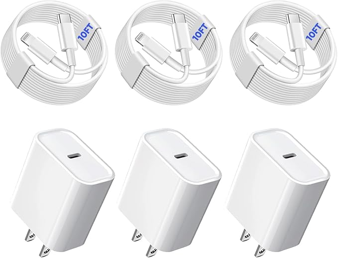 3Pack iPhone Fast Charger[Apple Mfi Certified],10FT iPhone Charger Fast Charging USB C to Lightning Cable with Type C Charger Block Fast Charging Adapter for iPhone 14 13 12 11 Pro Max X Xs Max 8Plus