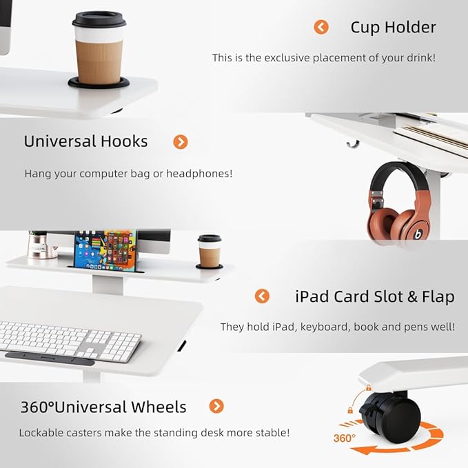 Pneumatic Standing Desk with Wheels - Adjustable Height 28" - 46" & 0-90° Tilt, 31.5" x 17.7" Skin-Feel Desktop, Rolling Computer Desk for Home Office, Hospital, School (White)