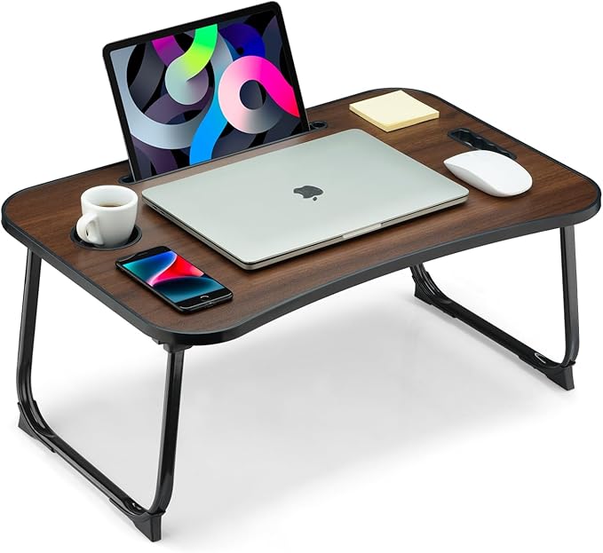 Foldable Lap Desk, Laptop Bed Desk, Portable Lap Table, Laptop Bed Table with Cup Holder & Tablet Slot & Lifting Handle for Working Writing Drawing & Eating - Walnut Brown