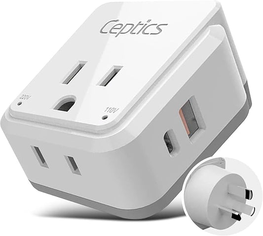 Ceptics Australian Travel Adapter Set, 20W PD & QC, Type I-3.1A - 4 in 1-2 USA Inputs, 1 USB Port, 1 USB-C Port - Australian New Zealand Fiji Argentina, Compact - Adapter Australia-Compatible Plug