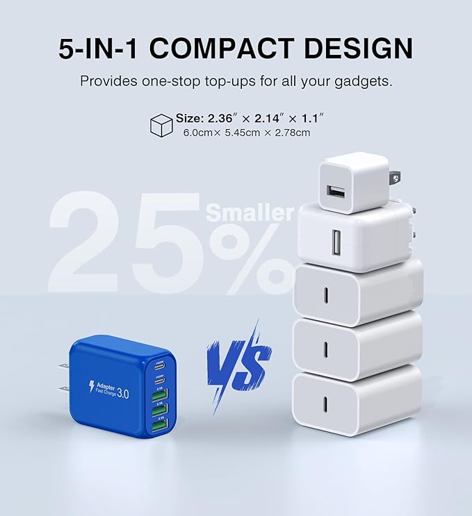 (2-Pack) 50W USB C Wall Charger Block, 5-Port C Charger Fast Charging Block PD Power Adapter +QC 3.0 Multiport Type C Box Brick Cube USB A Wall Plug for iPhone 15/16/17 Pro Max,Samsung (Dark Blue)