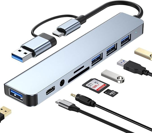 USB C Hub USB Hub 3.0, VIENON Aluminum 8 in 1 USB Extender with SD/TF Card Reader, 3.5mm Aux Headphone Jack for MacBook Pro Air and More PC/Laptop/Tablet Devices