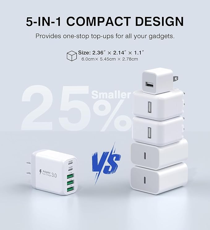 50W USB C Wall Charger Block, 2Pack 5-Port C Charger Fast Charging Block PD Power Adapter+QC 3.0 Multiport Type C Box Brick Cube USB A Wall Plug for iPhone 15/16/17 Pro Max Plus, iPad,Galaxy S24/S23