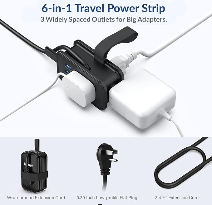 Travel Charger for Multiple Devices, Flat Plug Power Strip 3ft Adapter Extension Cord, 3 AC Outlets, 2 USB & 1 Fast Charging USB-C, No Surge Cruise Approved, Portable Power Strip