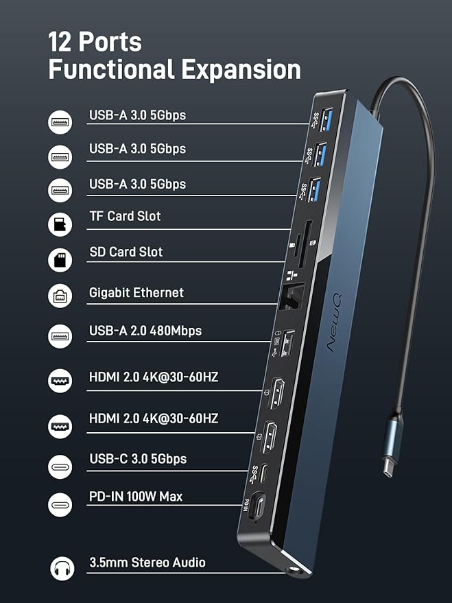 USB C Docking Station Dual Monitor with USB-C 100W Charger, 12-in-1 Laptop Dock with Dual HDMI 4K@30~60Hz, PD 100W, 5Gbps USB Ports*4, SD/TF Slot, Ethernet, Audio for MacBook/Dell/HP/Lenovo/Asus/Acer