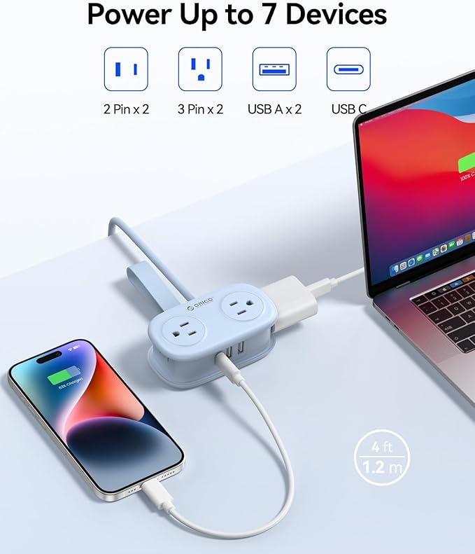 Travel Power Strip with USB C, ORICO 4 Outlets 3 USB Ports (1 USB C) with 4FT Wrapped Short Extension Cord Small Power Strip, Non Surge Protector for Travel, Cruise Ship-AP3