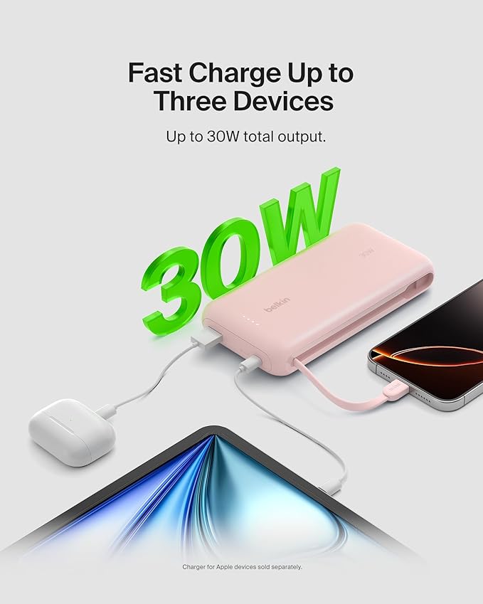 Belkin Portable Charger, Power Bank with Integrated Cable 20000 mAh 30W - Fast Charging USB C Power Delivery, iPhone Charger - iPhone 17, Air, Pro, Pro Max, iPad, Galaxy S25, & More - Pink