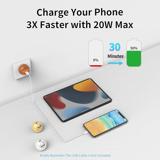 USB C Charger Block 20W，Creative Golf Ball Type C Wall Charger，GaN III Power Adapter with UL Certified，Fast Charging for iPhone 16/15 Series, Galaxy, Google Pixel,iPad,AirPods