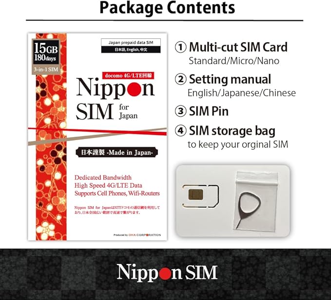 Japan SIM Card 180 Days Data Only | 15GB High-Speed 4G LTE + Unlimited Data at Reduced Speed | No Roaming Needed for Faster, Safer Access | Hotspot tethering Supported | Docomo Network | Made in Japan