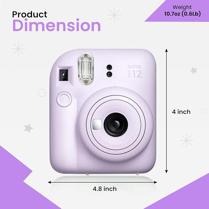 Fujifilm Instant Mini 12 Instant Camera + BluebirdSales Accessory Bundle & Custom Case + Fuji (20 Shots) Film + 5 Color Lens Filters + Mini Frames Designer Mini Photo Album (60 Pockets) (Lilac Purple)