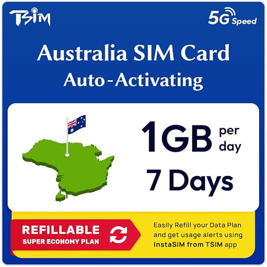 Australia SIM Card | 7 Days 1GB/Day | Auto Activation | Hotspot Allowed | No Phone Number | Refillable Plan via Insta Sim App