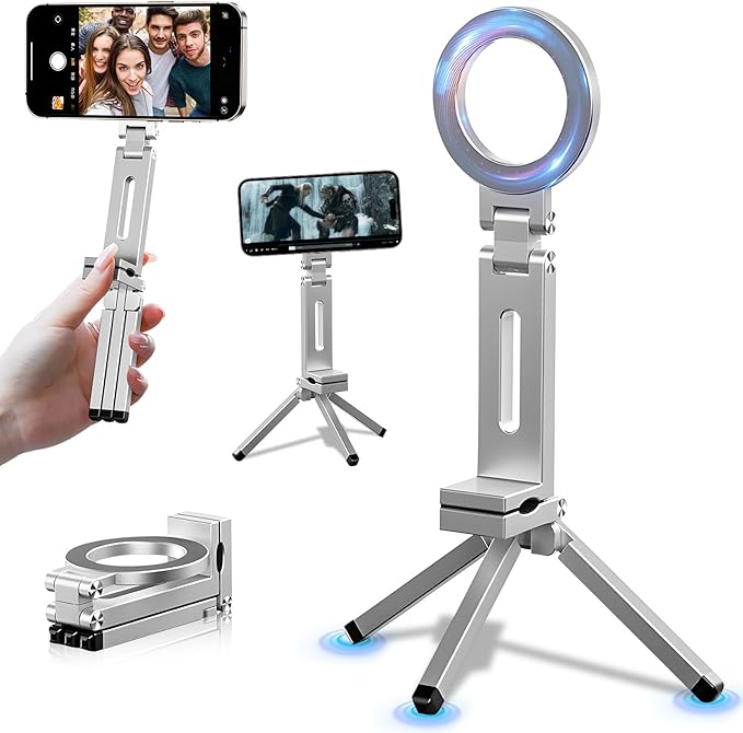 Magnetic Phone Tripod Stand for iPhone 16/15/14/13/12 Plus Pro Max Series, Aluminium Smartphone Mini Tripod Pocket Cellphone Stand, Adjustable and Foldable Magnetic Phone Holder Mountp