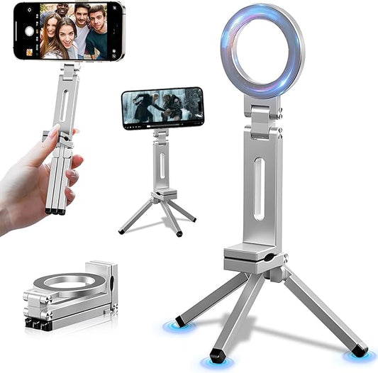 Magnetic Phone Tripod Stand for iPhone 16/15/14/13/12 Plus Pro Max Series, Aluminium Smartphone Mini Tripod Pocket Cellphone Stand, Adjustable and Foldable Magnetic Phone Holder Mountp