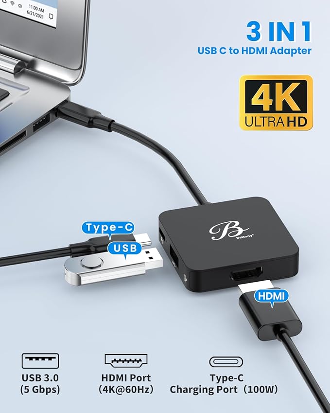 USB C to HDTV Adapter, Type C Adapter Multiport AV Converter with 4K@60hz HD Output, 100W PD & USB 3.0 Port, Compatible for Switch 2, MacBook Pro/Air, iPad, Tablets, Switch, TV, Monitor and More