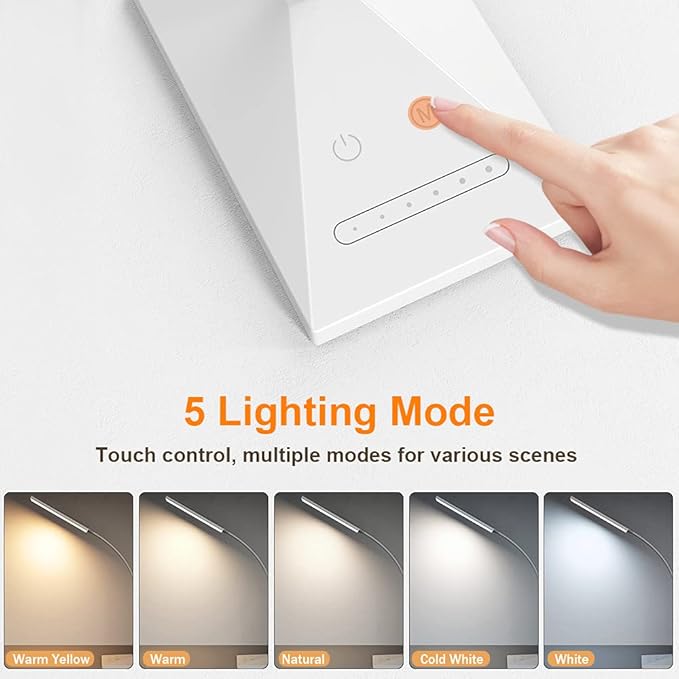 Vansuny LED Desk Lamp with USB Charging Port, Eye-Caring, 5 Color Modes,6 Brightness Levels, Touch Control, Flexible Gooseneck, Memory Function for Dorm Office Work Bedroom (12W,White)