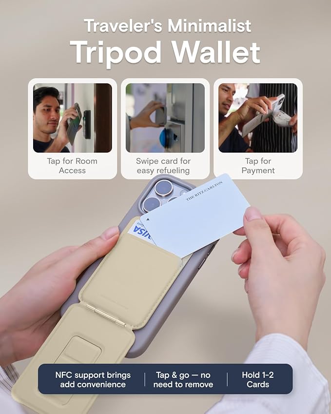 MOFT Phone Tripod Wallet for iPhone, Mulit-Angles, Portable Phone Stand, MOVAS Vegan Leather Magnetic Wallet, Strong Magnets, NFC Card Holder, Travel Essential, Earthen Beige (with Card Slot)