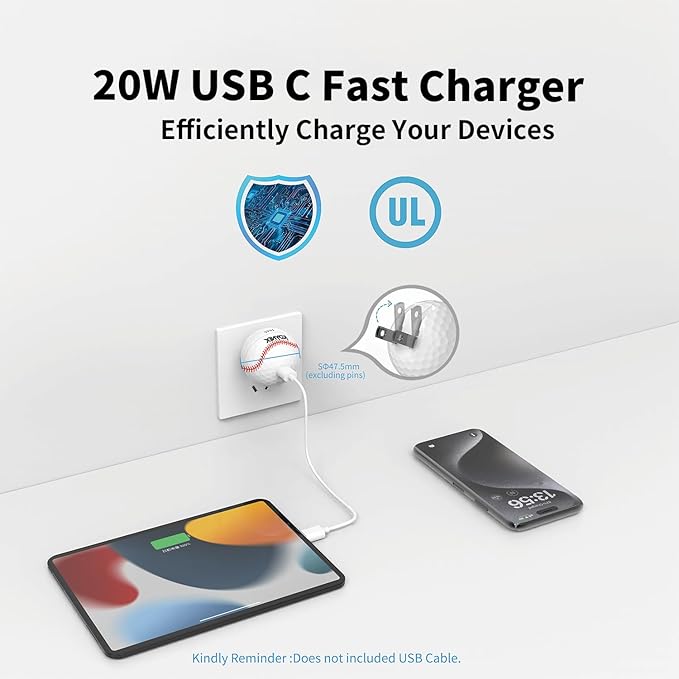 USB C Charger Block 20W，Creative Golf Ball Type C Wall Charger，GaN III Power Adapter with UL Certified，Fast Charging for iPhone 16/15 Series, Galaxy, Google Pixel,iPad,AirPods